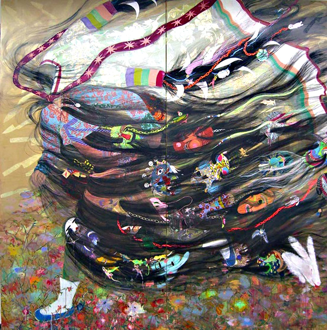 1000_Hyon Gyon Park Zawazawa Zudodon Shupin Shupin, 2008 Acrylic, Japanese Paper On panel 92.5 × 94.4 Inches