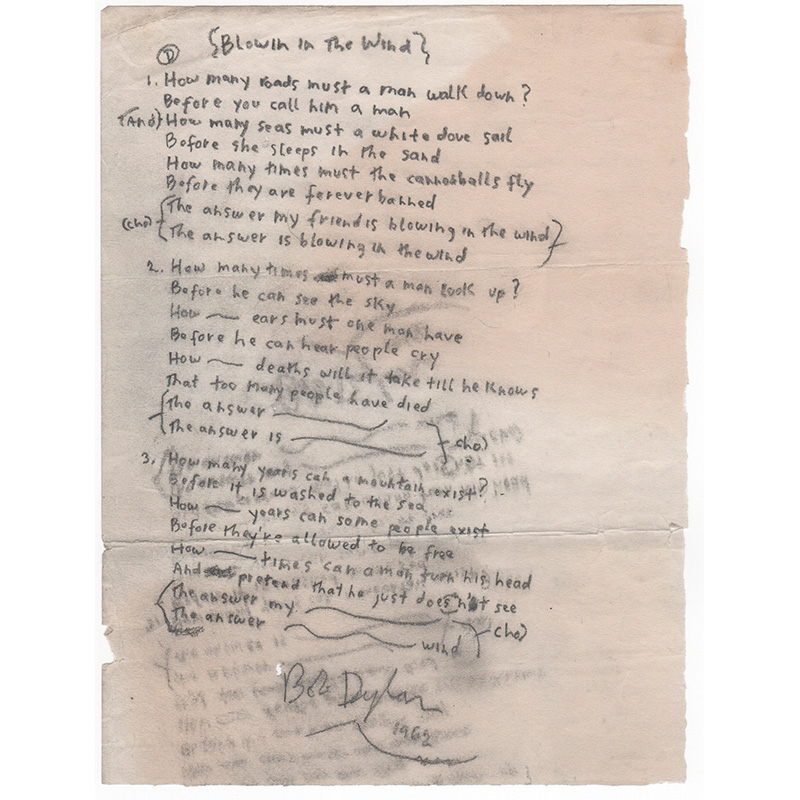 Original Manuscript of "Blowin' in the Wind," 1962. Private collector.
