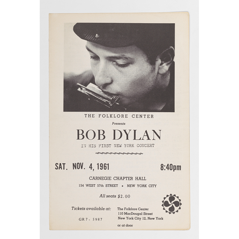 Flier for Bob Dylan’s first official solo concert on November 4, 1961, at Carnegie Chapter Hall. Courtesy Ronald D. Cohen.