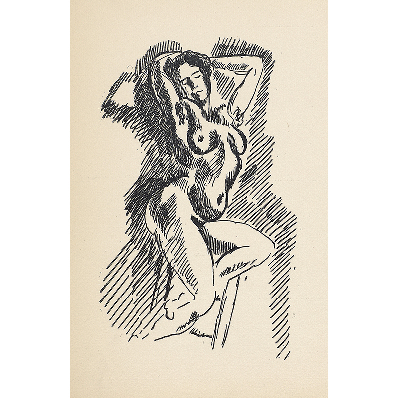 Reverdy, Pierre, 1889-1960. Les jockeys camoufles : trois poemes / par monsieur Pierre Reverdy ; agrementes de cinq dessins inedits de monsieur Henri Matisse. Paris : Se trouve A la Belle edition, 1918. PML 195627, illustration of female nude