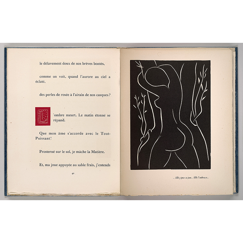 Montherlant, Henry de, 1896-1972.   Pasiphae : Chant de Minos (Les Cretois) /  [Paris] : Martin Fabiani, [1944], p. 42 and facing lihtograph (stitched together), PML 195598