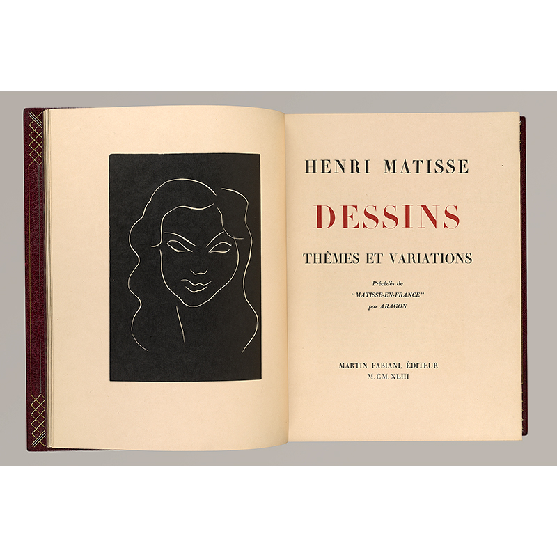Matisse, Henri, 1869-1954.   Dessins : themes et variations /  [Paris] : Martin Fabiani, 1943.  Frontispiece and Title Page, stitched together PML 195596