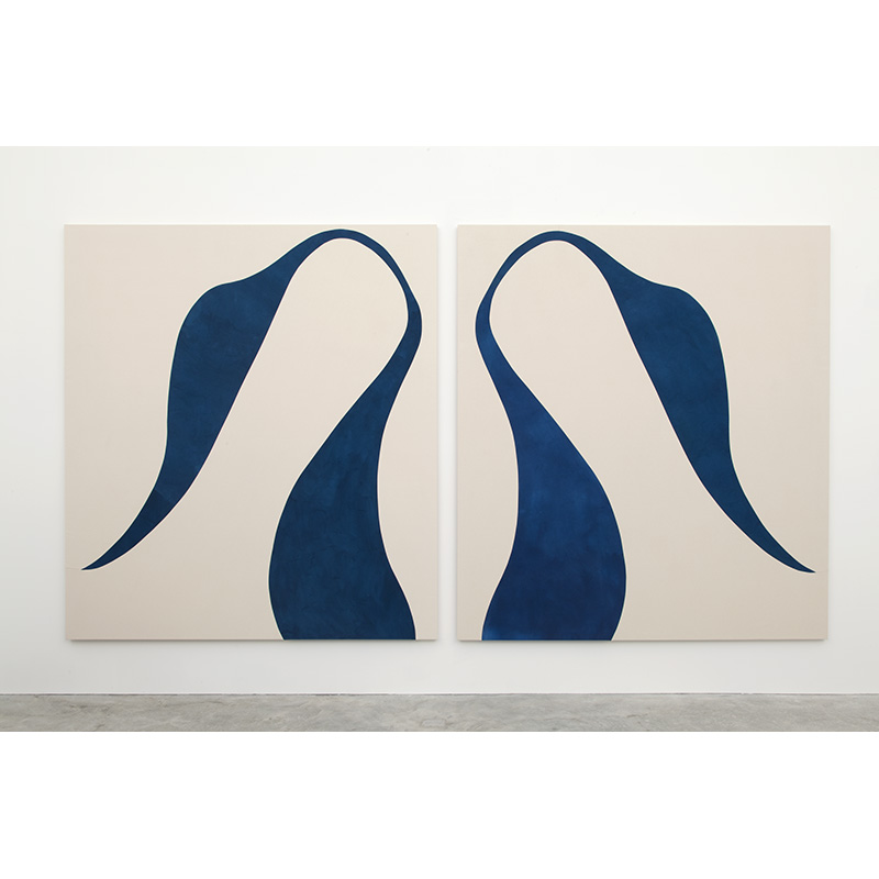 Double Swan Peacock, 2015, acrylic on canvas and raw canvas, sewn. 78 x 70 inches each. Photo: Jean Vong.