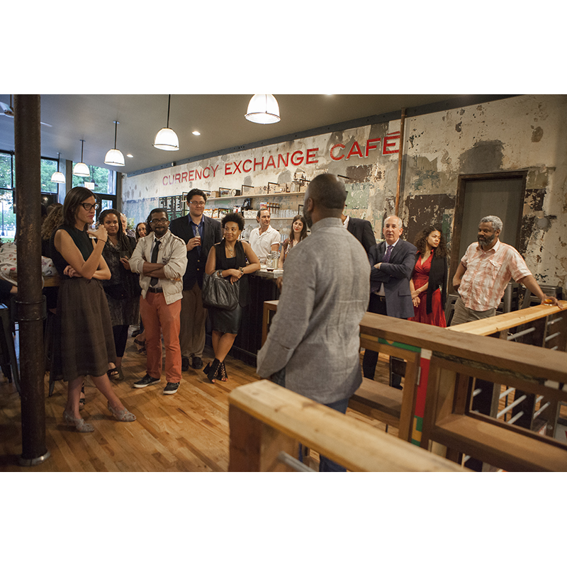 Theaster Gates Jr. addresses crowd. From the Currency Exchange Café project. Photo: Sarah Pooley.