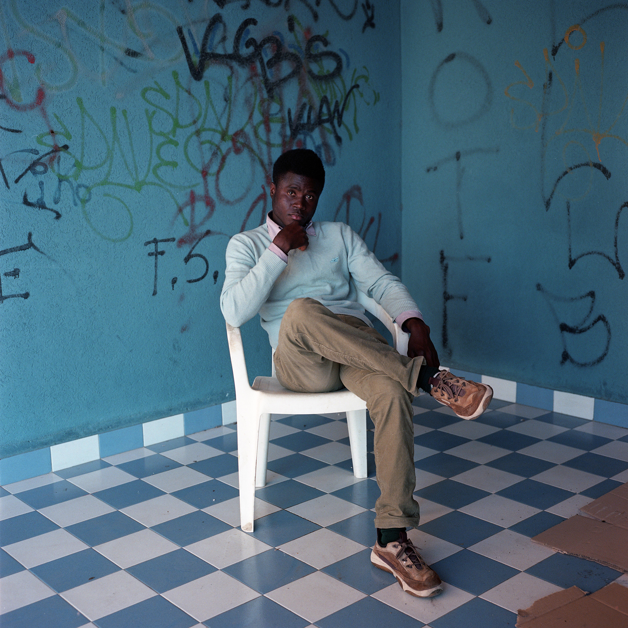 Michael, Augusta, Sicily, Italy, June 2015. The CARA di Mineo reception center is one of the first places that people are taken once they have arrived in Sicily. It is from here that their asylum claims are processed, and often rejected, with the average waiting time for a positive result being eighteen months. 