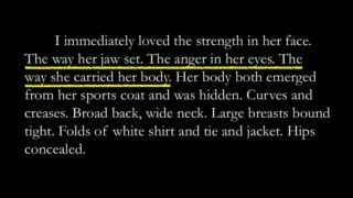"I immediately loved the strength in her face. The way her jaw set. The anger in her eyes. The way she carried her body. Her body emerged from her sports coat and was hidden. Curves and creases. Broad back, wide neck. Large breasts bound tight. Folds of white shirt and tie and jacket. Hips concealed." — Stone Butch Blues