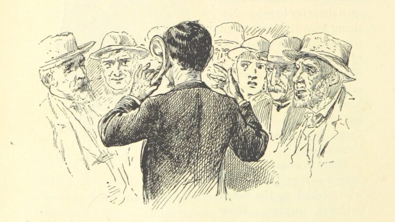 Illustration of a man with an enlarged ear, attempting to hear the people around him.