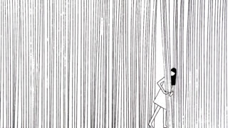 A human figure leans beyond a curtain of vertical lines in a black-and-white illustration.
