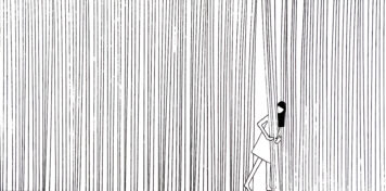 A human figure leans beyond a curtain of vertical lines in a black-and-white illustration.