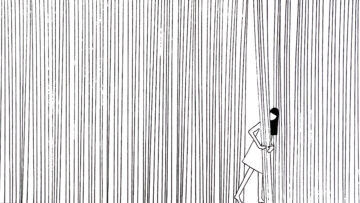 A human figure leans beyond a curtain of vertical lines in a black-and-white illustration.