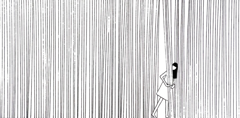 A human figure leans beyond a curtain of vertical lines in a black-and-white illustration.