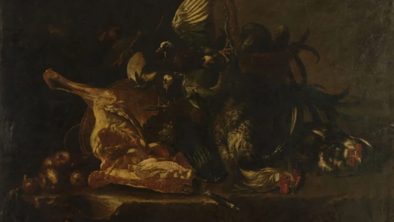 Oil painting depicting still life of meat and dead birds piled up on a table and nearly spilling over.
