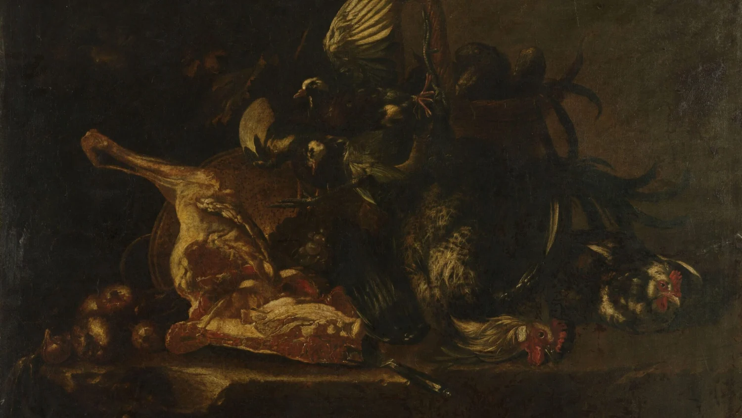 Oil painting depicting still life of meat and dead birds piled up on a table and nearly spilling over.