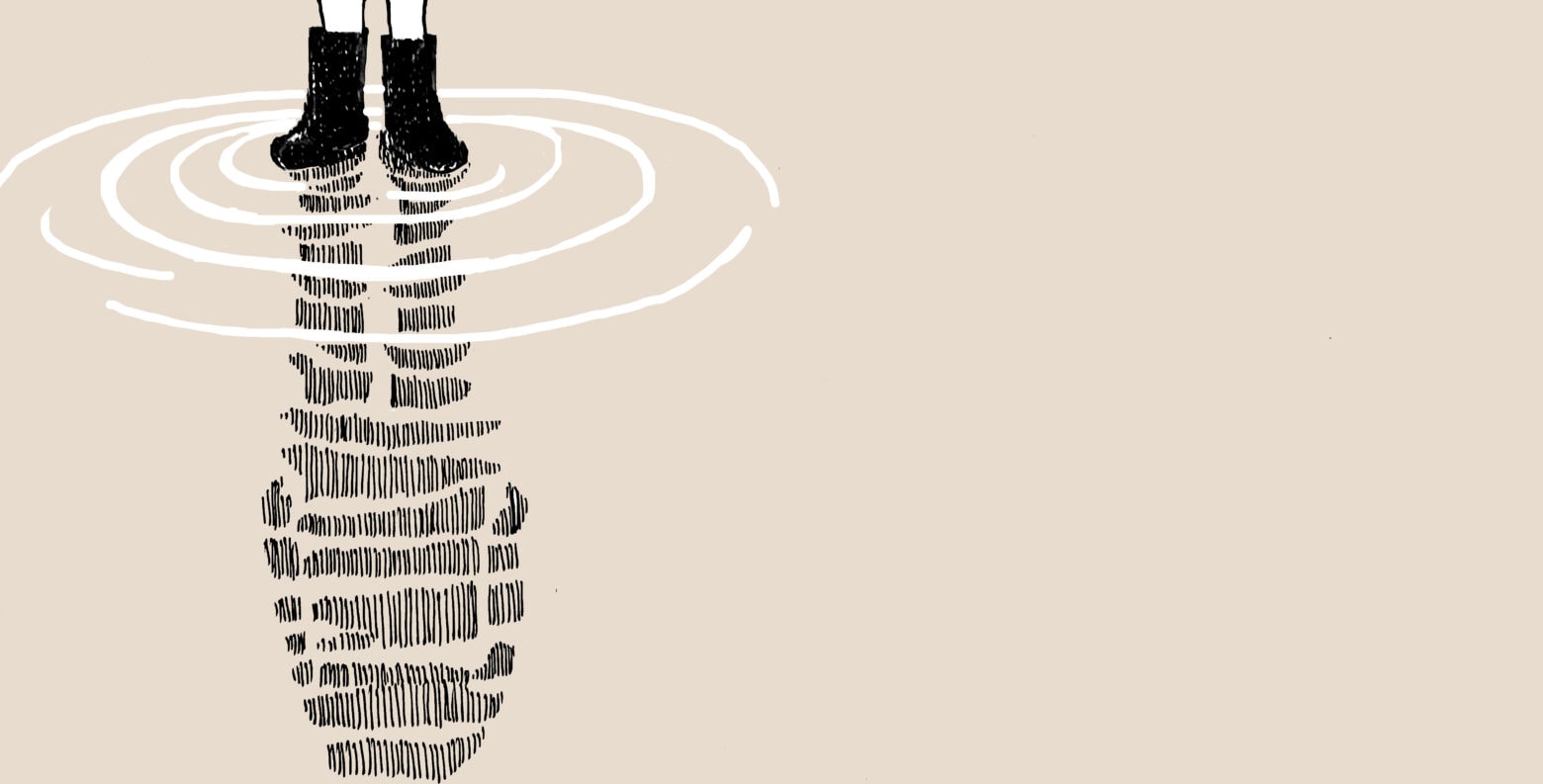 Line illustration of feet in boots standing in a puddle of water with body reflected on the surface. Illustration by Anne LeGuern.