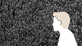 Line illustration made up of dense black-and-white lines, depicting a person in the foreground looking toward a silhouetted figure in the background. Illustration by Anne LeGuern.